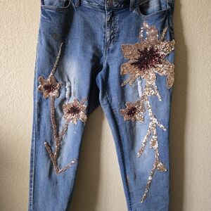 Sequin Floral Embellished Women's Cropped Jeans